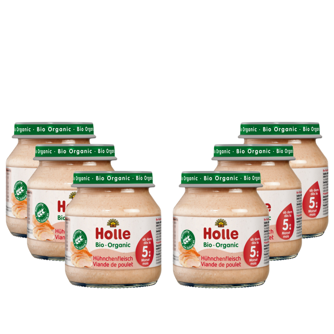 Holle Bio-Hühnchenfleisch Babygläschen im 6er-Pack – feines Fleischpüree ab dem 5. Monat in Demeter-Qualität