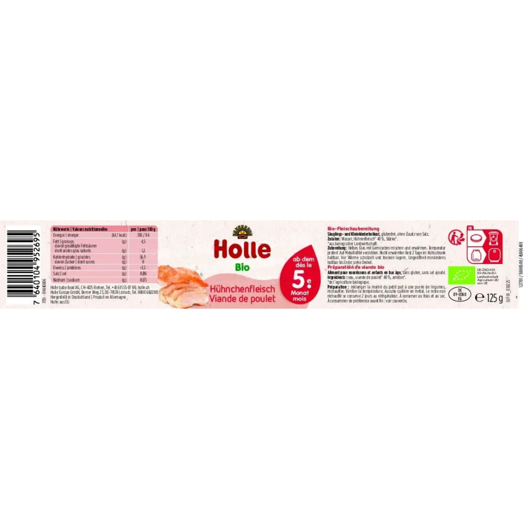 Holle Bio-Hühnchenfleisch – Nährwerttabelle und Zutatenliste für die Babynahrung ab dem 5. Monat