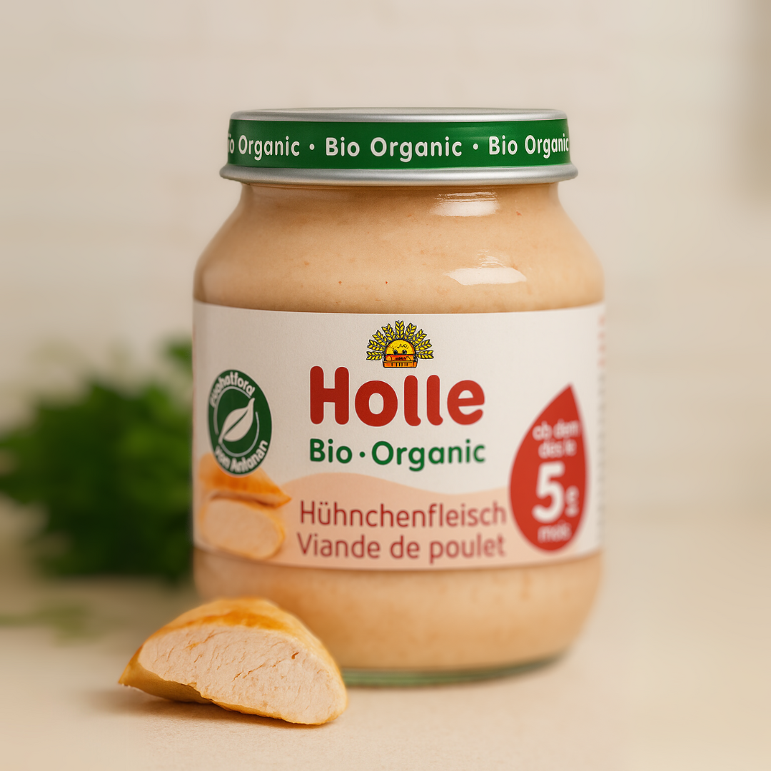 Holle Bio-Hühnchenfleisch im Moodbild mit zartem Fleischstück – nachhaltige Beikost für Babys ab dem 5. Monat