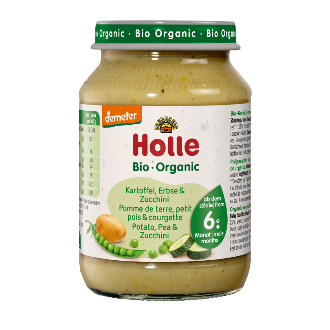 Holle Bio-Gemüsebrei Kartoffel Erbse Zucchini ab dem 6. Monat – milde Beikost mit Demeter-Zutaten.