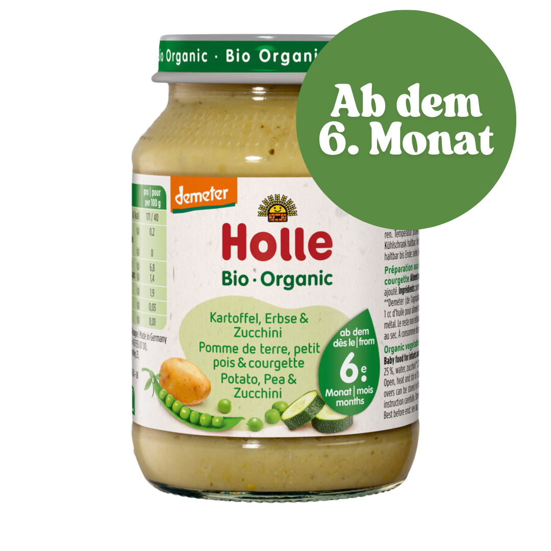 Holle Bio-Babygläschen Kartoffel Erbse Zucchini mit Hinweis „Ab dem 6. Monat“ – vegane Beikost für Babys.