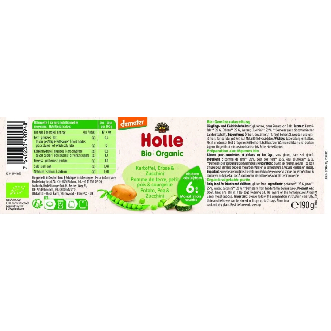 Etikett des Holle Bio-Gläschens Kartoffel Erbse Zucchini mit Zutatenliste und Nährwerten auf einen Blick.