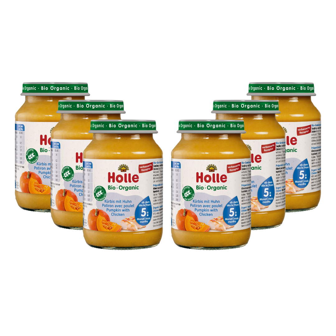 Holle Bio-Gläschen Kürbis mit Huhn im 6er-Vorratspack – Babybeikost ab dem 5. Monat mit Fleisch.