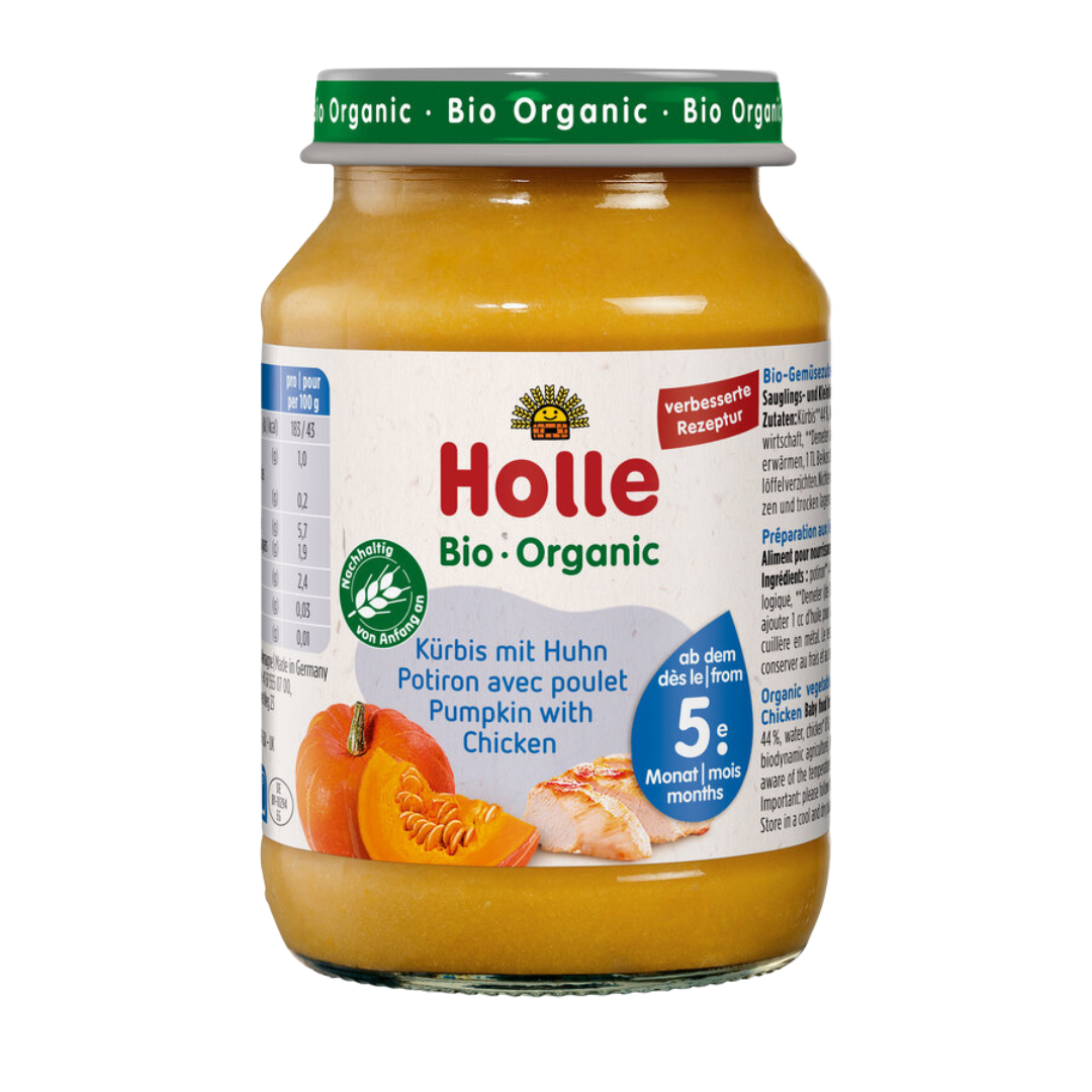 Holle Bio-Babygläschen Kürbis mit Huhn ab dem 5. Monat – milder Babybrei in Demeter-Qualität.