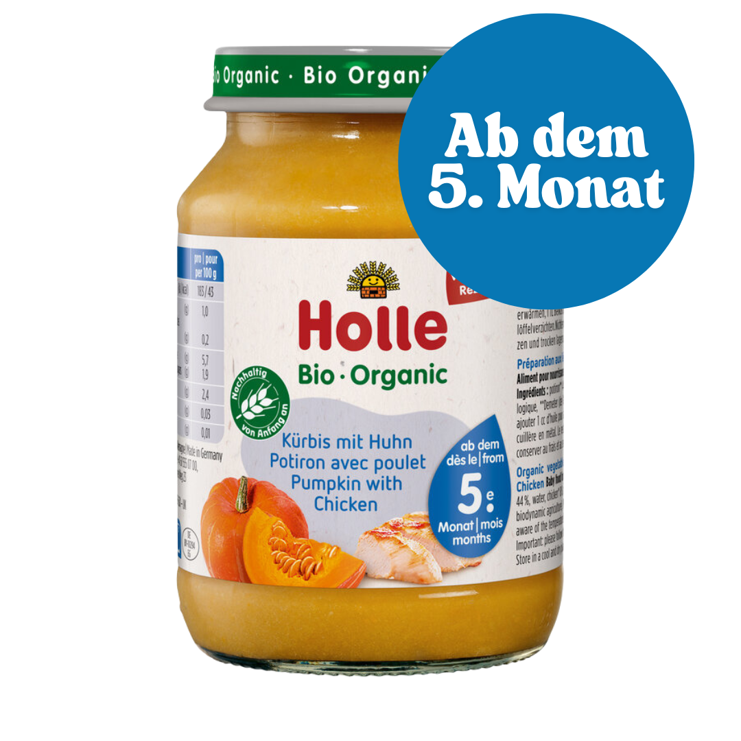 Holle Babynahrung Kürbis mit Huhn – Bio-Gemüsebeikost mit Fleisch für Babys ab 5 Monaten.