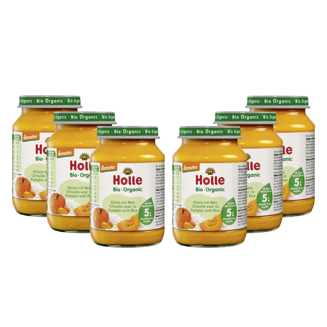 Holle Bio-Babygläschen Kürbis mit Reis im praktischen 6er-Pack – pflanzliche Gemüsebeikost für Babys ab dem 5. Monat.