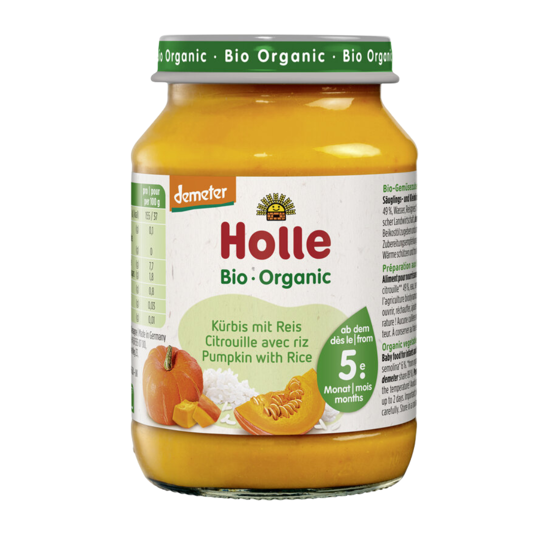 Holle Bio-Babygläschen Kürbis mit Reis ab dem 5. Monat – milde Gemüsebeikost mit Reis in Demeter-Qualität.