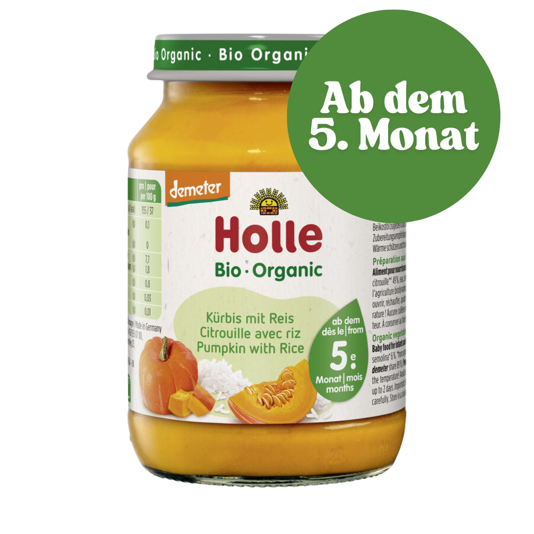 Holle Babybrei Kürbis mit Reis – vegane Bio-Beikost für Babys ab 5 Monaten.