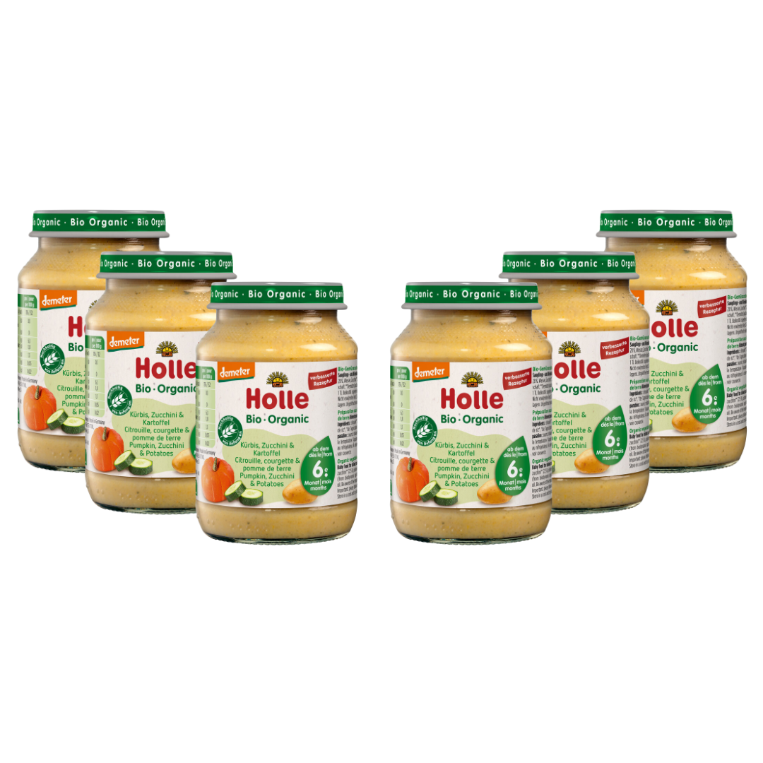 Holle Bio-Gemüsebrei Kürbis Zucchini Kartoffel im 6er-Pack – pflanzliche Beikost für Babys ab dem 6. Monat.