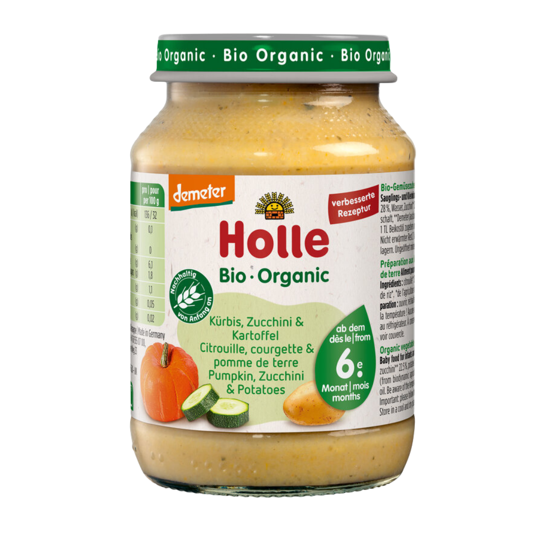 Holle Bio-Babygläschen Kürbis Zucchini Kartoffel ab dem 6. Monat – vegane Gemüsebeikost mit Demeter-Zutaten.