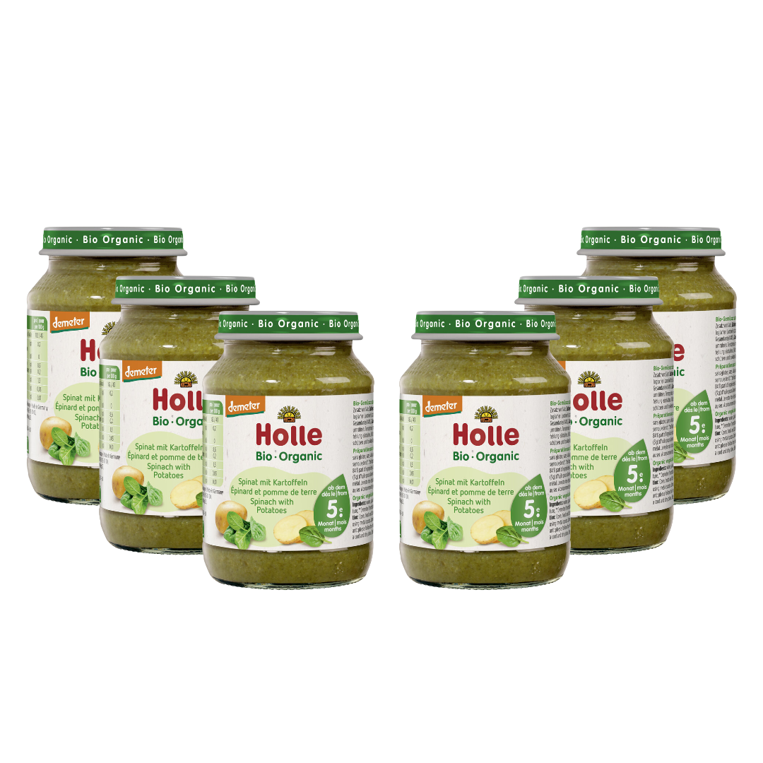 6er-Pack Holle Bio-Babygläschen Spinat mit Kartoffeln – ab dem 5. Monat geeignet.