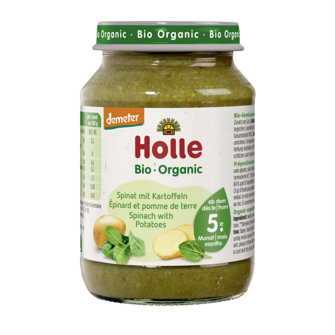 Holle Bio-Babybrei Spinat mit Kartoffeln im Glas – ab dem 5. Monat, Demeter-Qualität.