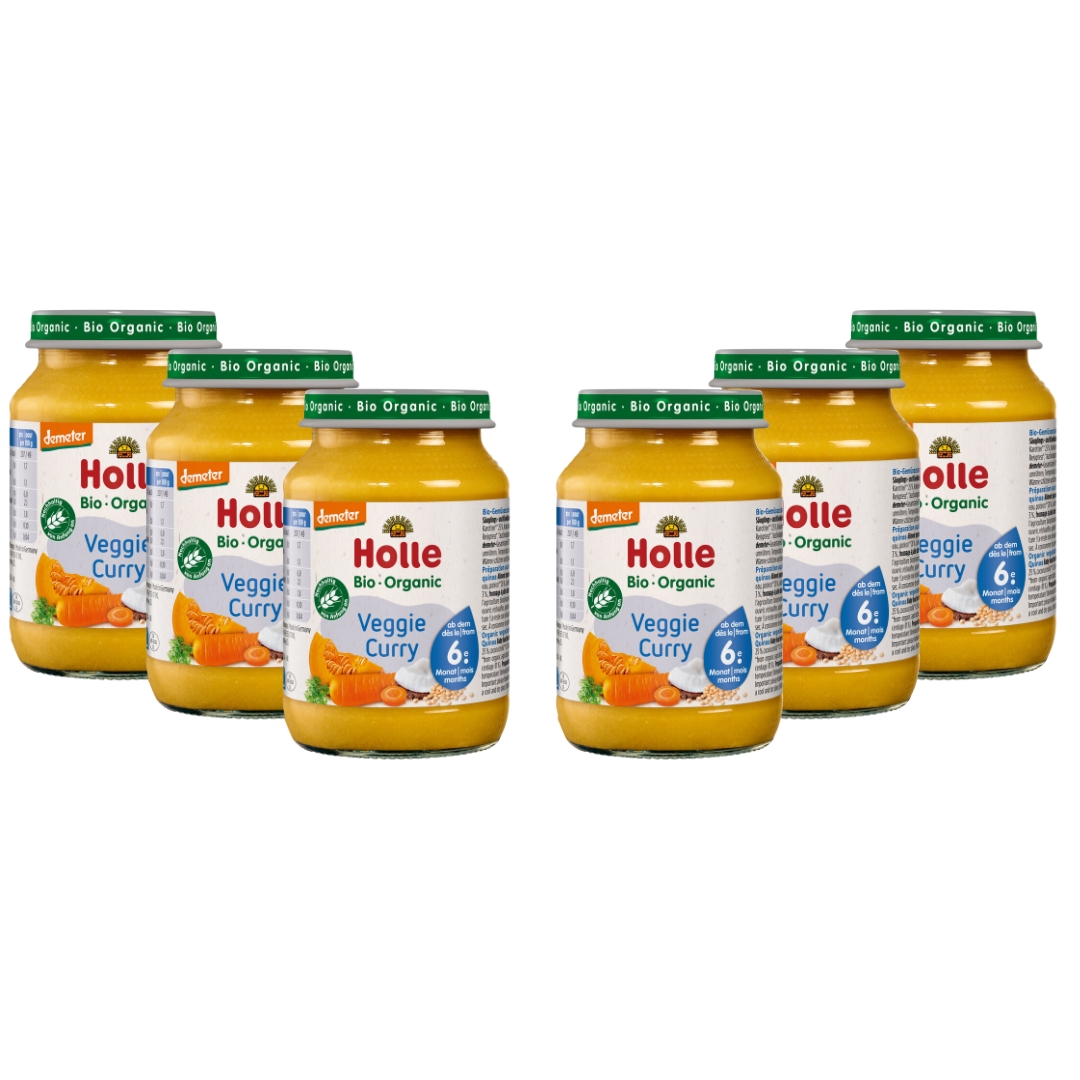 6er-Pack Holle Bio-Babygläschen Veggie Curry – vegetarischer Babybrei ab dem 6. Monat.