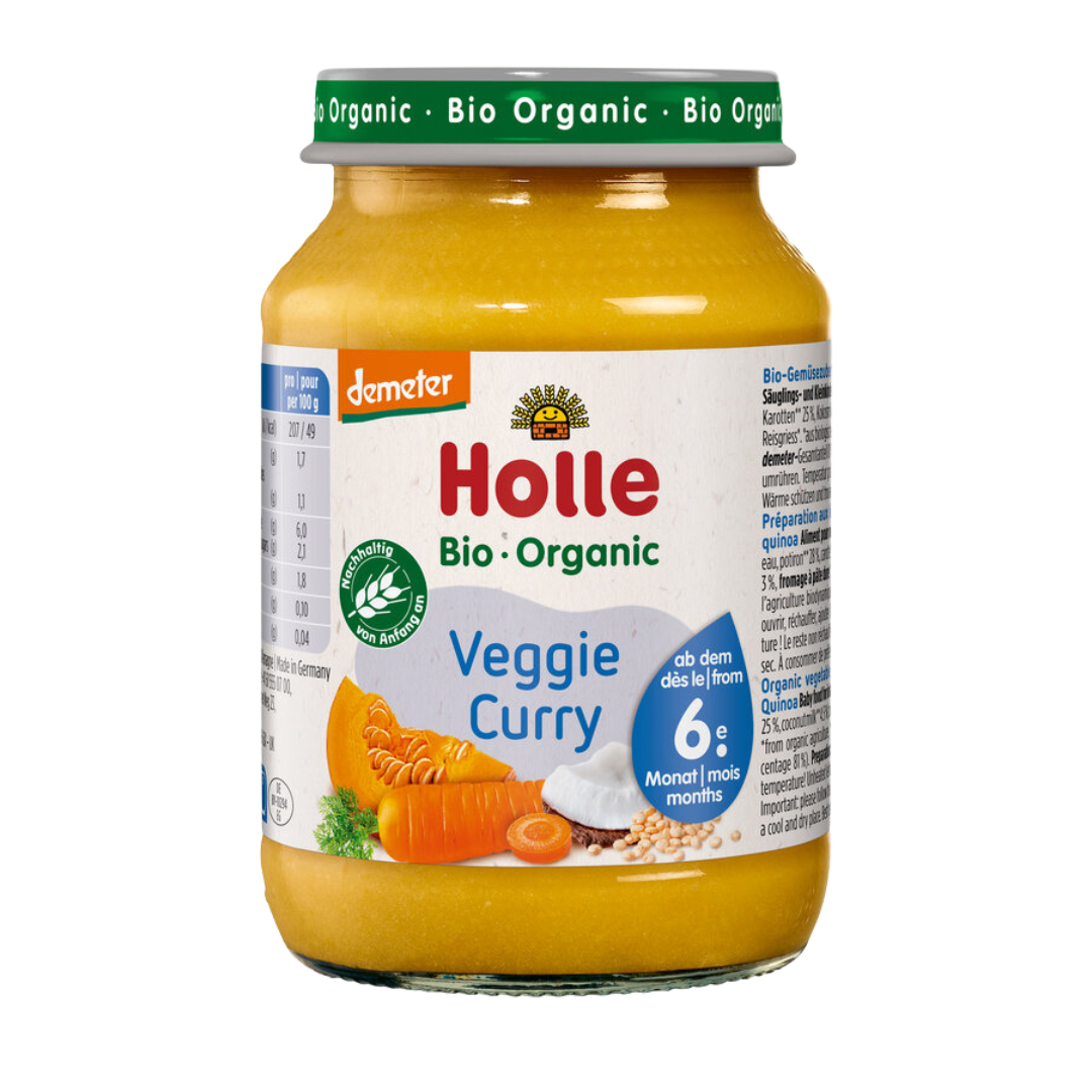 Holle Bio-Babybrei Veggie Curry im Glas – ab dem 6. Monat, mit Demeter-Gemüse und Kokosmilch.