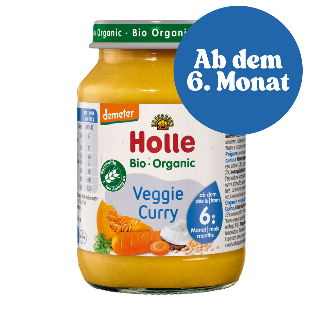 Holle Bio-Babygläschen Veggie Curry ab dem 6. Monat – Demeter-zertifiziert mit Kokosmilch und Quinoa.