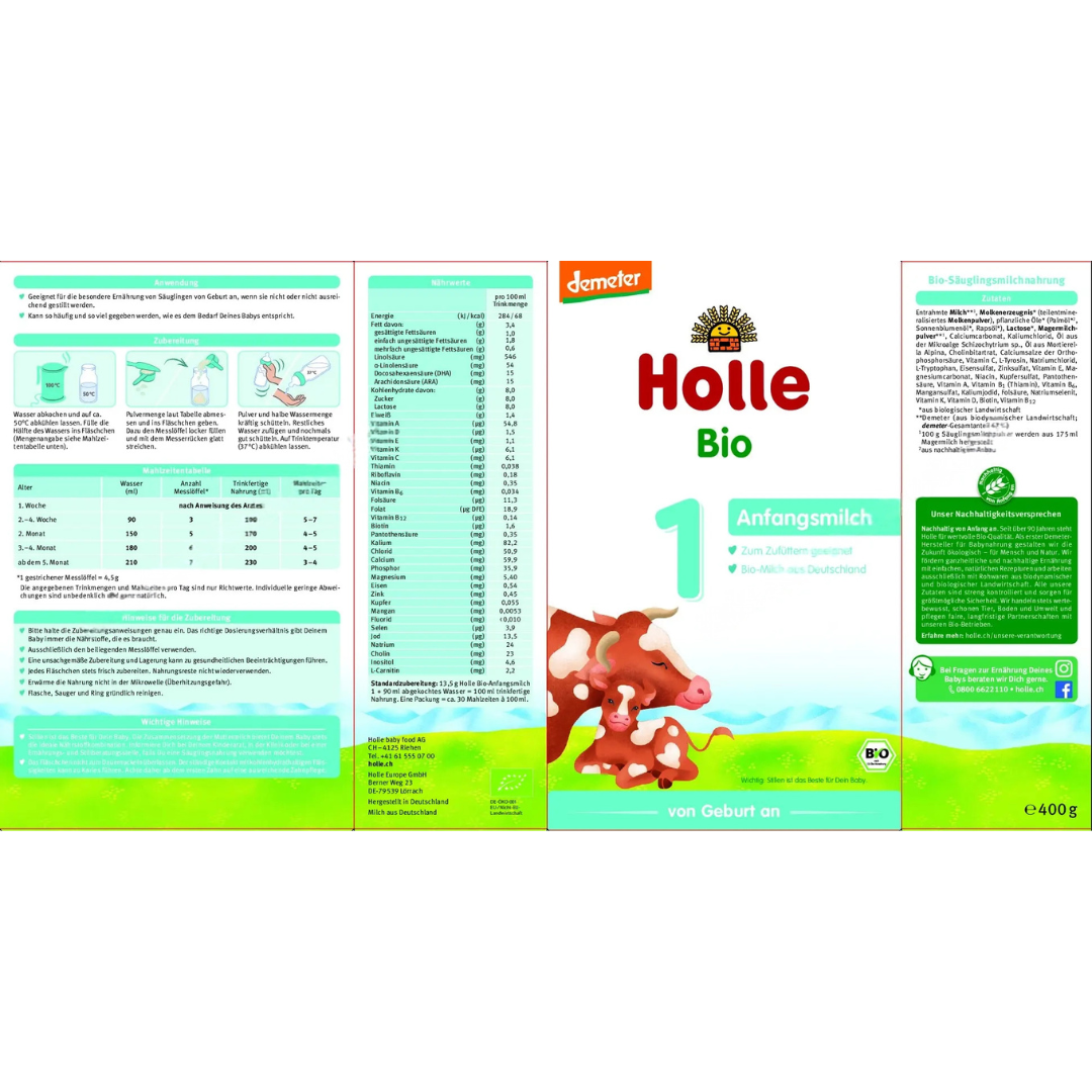 Etikett Holle Bio Anfangsmilch 1 – Nährwerttabelle, Anwendungshinweise und Zubereitung ab Geburt.