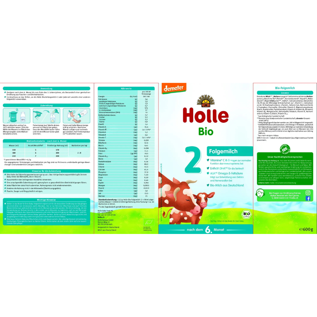 Holle Bio Folgemilch 2 Verpackung – Nährwertangaben, Zutatenliste und Zubereitungshinweise für die Demeter-Babymilch ab dem 6. Monat