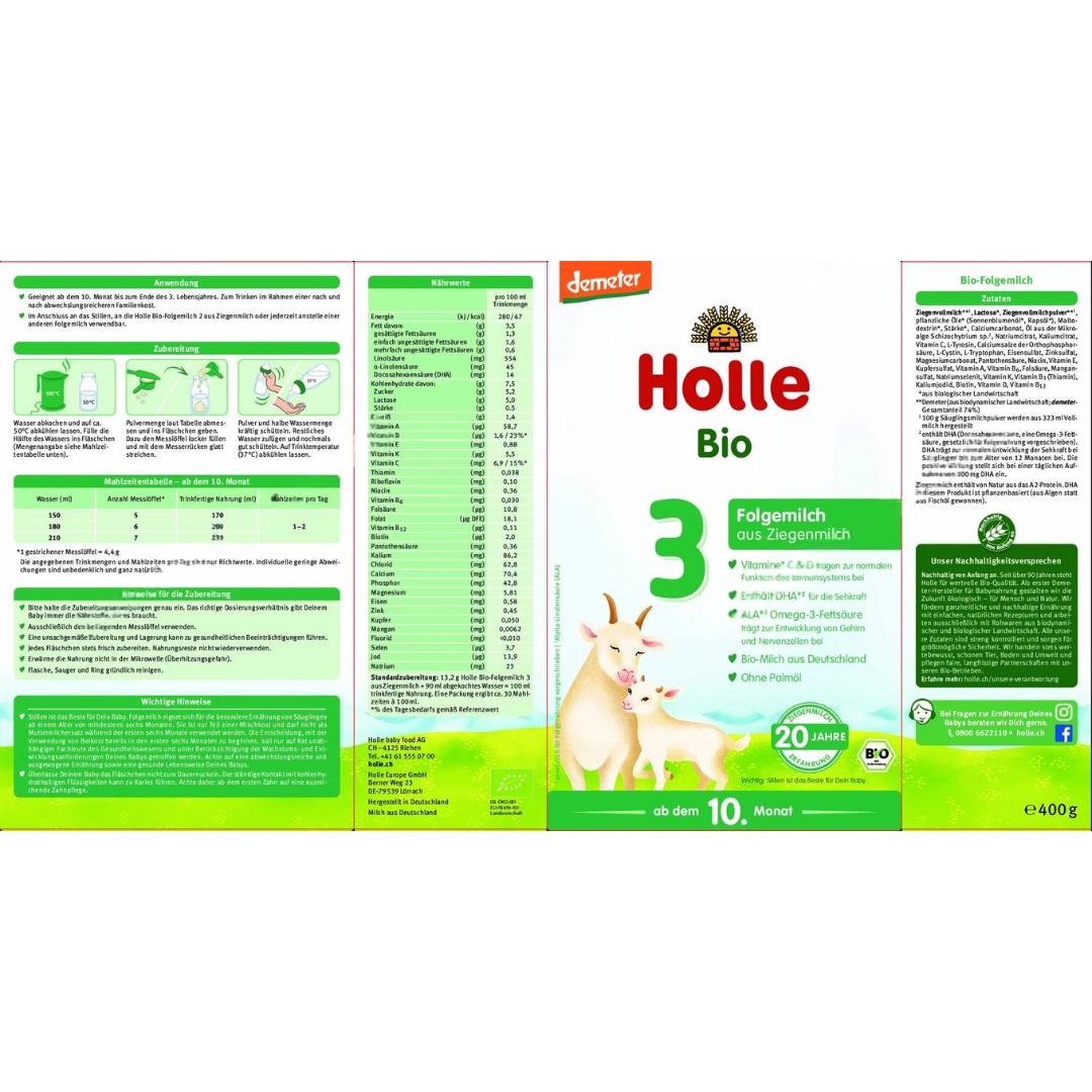 Holle Bio Folgemilch 3 aus Ziegenmilch – vollständige Verpackung mit Inhaltsstoffen, Nährwerttabelle und Zubereitungsempfehlung