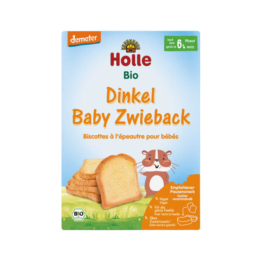 Holle Bio Baby Zwieback aus Dinkel – idealer Snack für Babys nach dem 6. Monat, Demeter-zertifiziert.