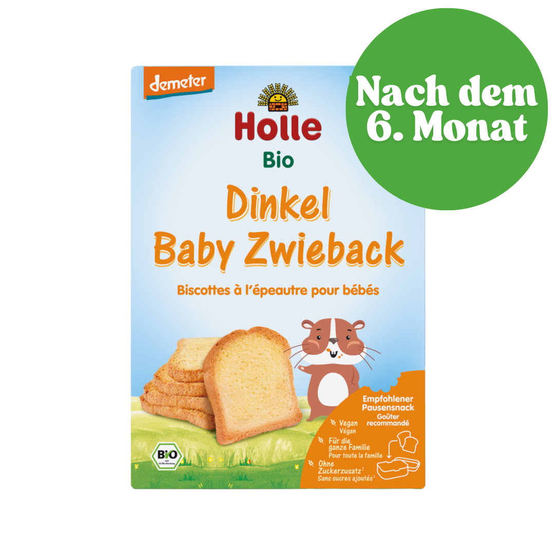Holle Bio Dinkel Baby Zwieback – knuspriger Snack ab dem 6. Monat, vegan und ohne Zuckerzusatz.