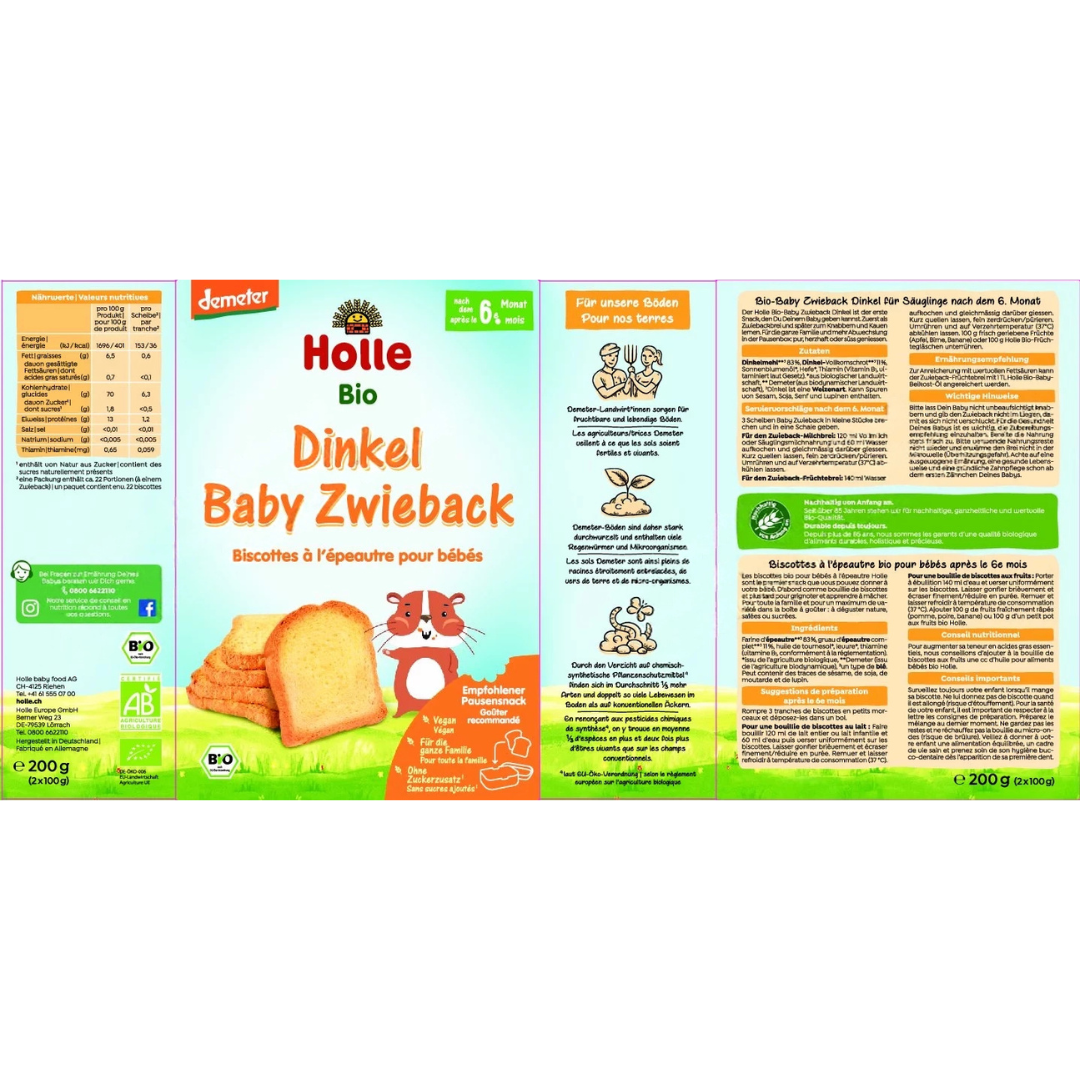 Etikett Holle Dinkel Baby Zwieback – Zutaten, Nährwerte und Anwendungshinweise für Babys nach dem 6. Monat.