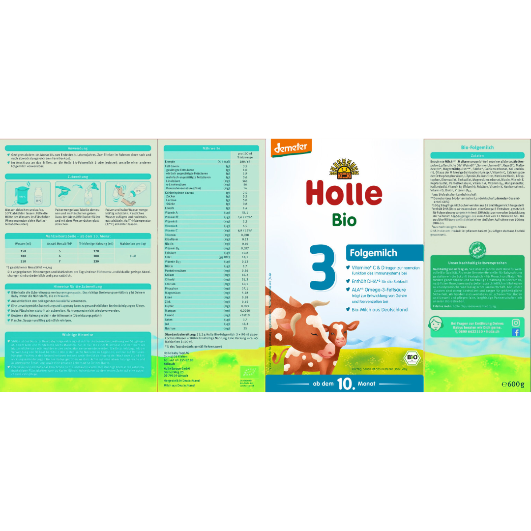 Holle Bio Folgemilch 3 – vollständige Produktverpackung mit Zubereitungshinweisen, Inhaltsstoffen und Nährwerttabelle ab dem 10. Monat