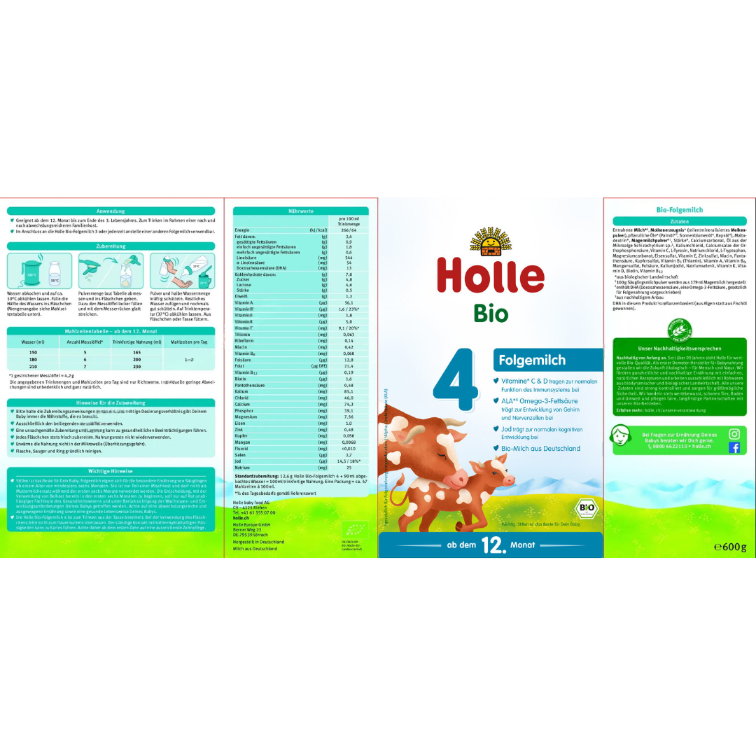 Holle Bio Folgemilch 4 – vollständige Verpackung mit Nährwerttabelle, Zutatenliste und Zubereitungsempfehlung ab dem 12. Monat