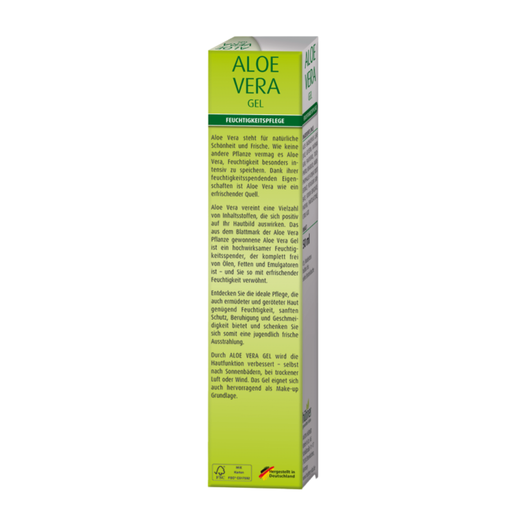 Rückseite der Verpackung vom Hübner Aloe Vera Gel 100 ml mit Produktbeschreibung und Anwendungshinweisen.