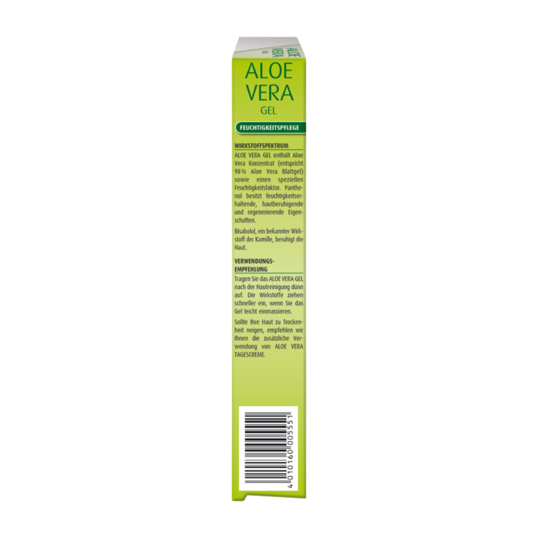 Seite der Verpackung vom Hübner Aloe Vera Gel 100 ml mit Informationen zu Wirkstoffen, Panthenol, Bisabolol und Anwendungstipps.