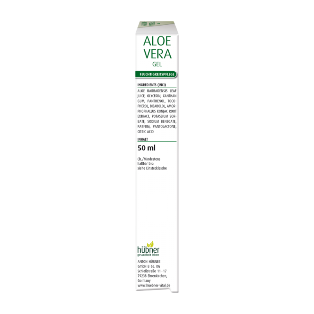 Seite der Verpackung vom Hübner Aloe Vera Gel 100 ml mit detaillierter Zutatenliste (INCI) und Herstellerangaben.