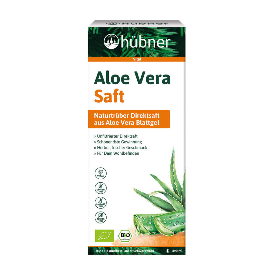 hübner Aloe Vera Saft Bio 490 ml – naturtrüber Direktsaft aus Aloe Vera Blattgel, unfiltriert, vegan, glutenfrei, laktosefrei, ohne Zuckerzusatz.
