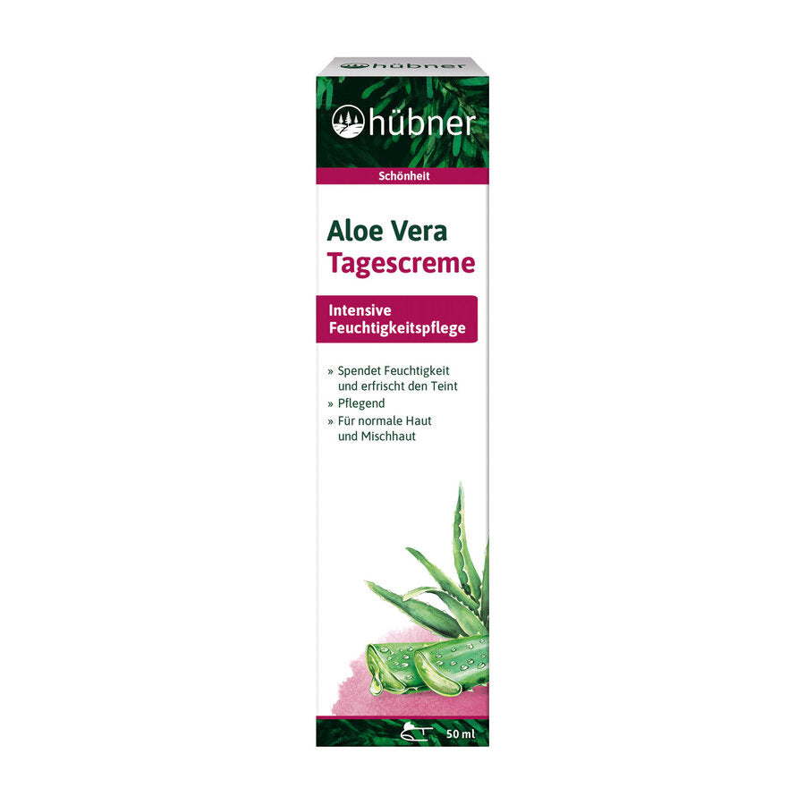 Hübner Aloe Vera Tagescreme 50 ml – intensive Feuchtigkeitspflege für normale und Mischhaut, pflegend und erfrischend, Verpackungsvorderseite mit Aloe-Vera-Abbildun