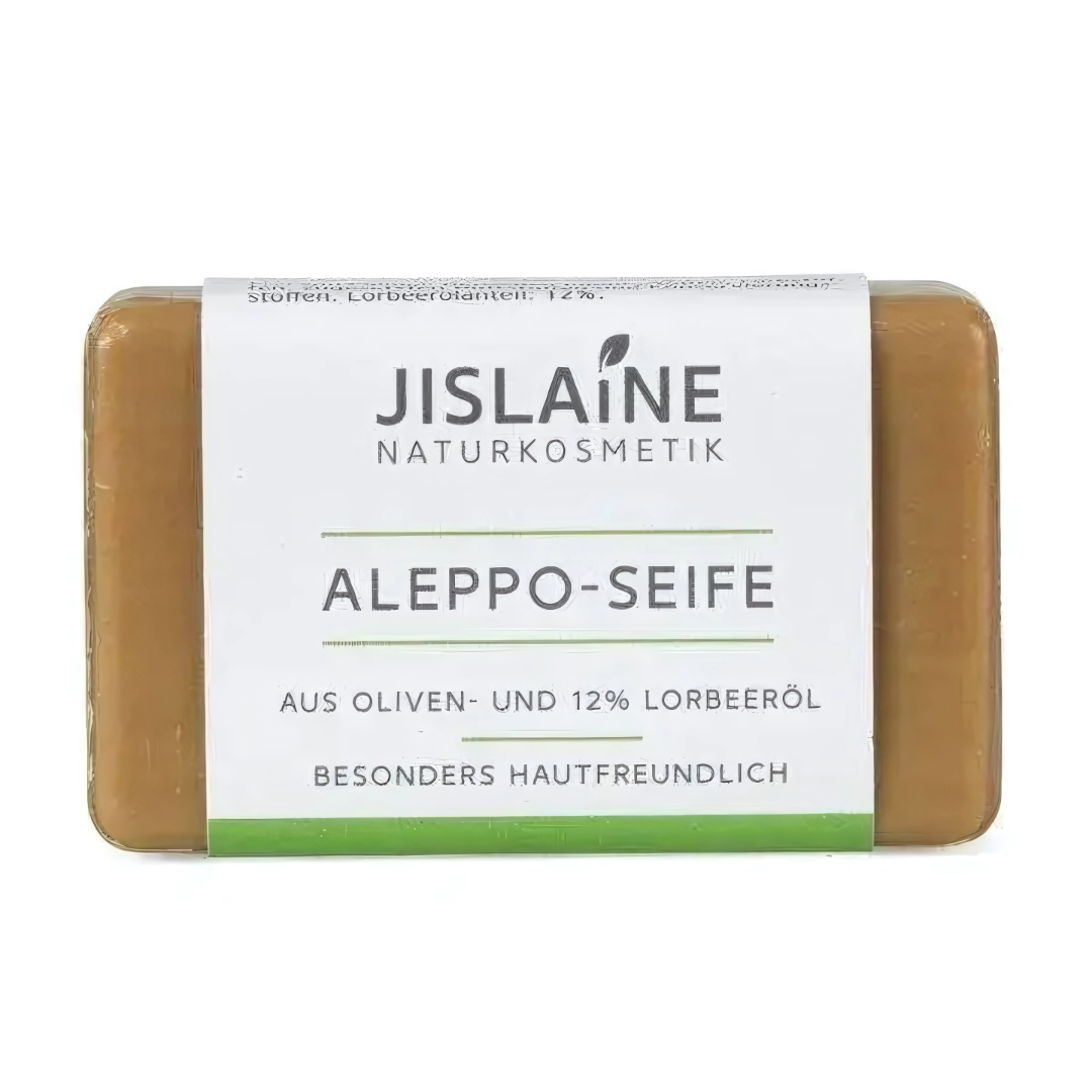 Jislaine Aleppo Seife 100 g, Vorderseite mit Verpackung, aus Olivenöl und 12 % Lorbeeröl, besonders hautfreundlich.