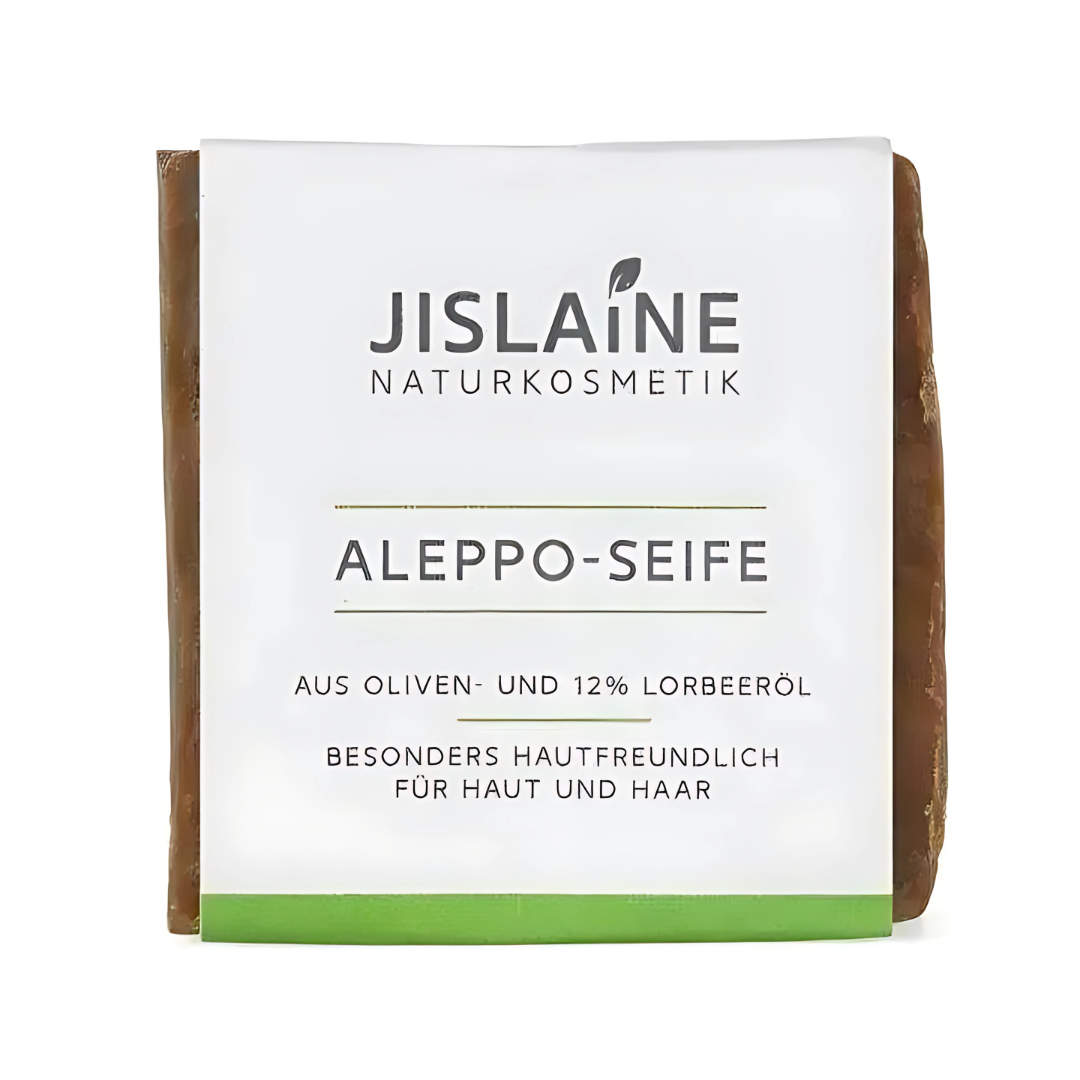 Aleppo Seife von Jislaine Naturkosmetik, Vorderseite mit Verpackung, 12 % Lorbeeröl, für Haut und Haar geeignet.