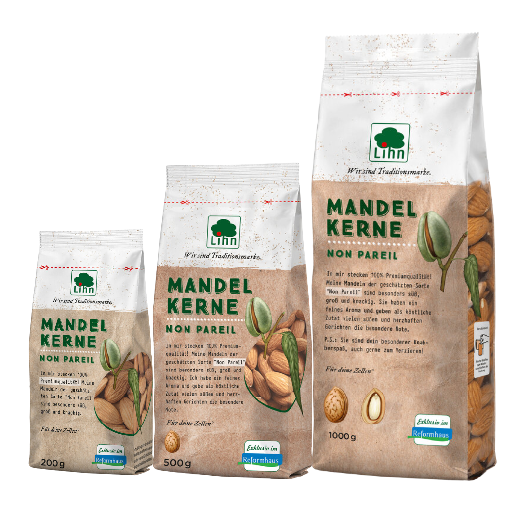 Lihn Mandelkerne Non Pareil 200g, 500g und 1000g im Vergleich – hochwertige Mandeln in Reformhaus-Qualität