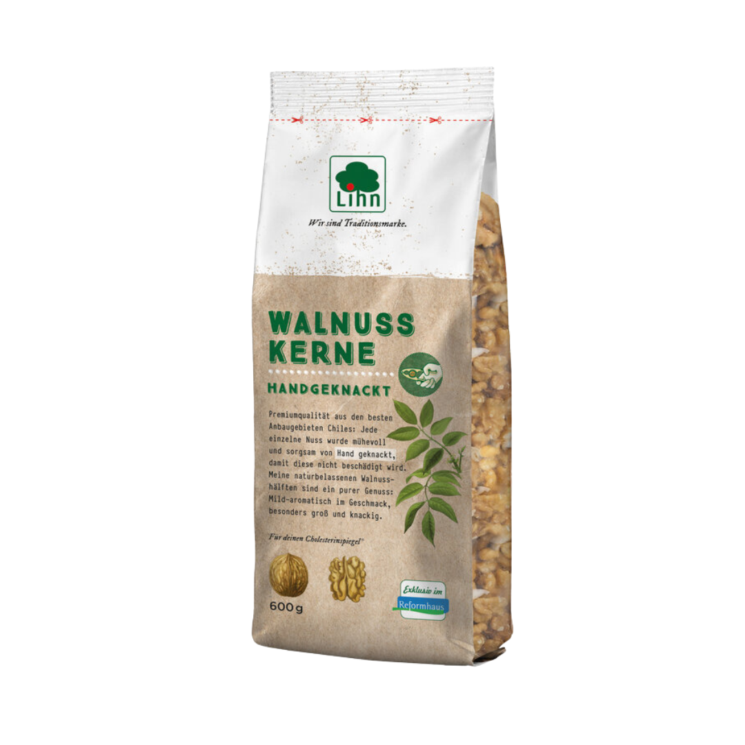 Frontansicht Lihn Walnusskerne 600 g – handgeknackte, naturbelassene Walnusshälften aus Chile, besonders groß, mild und aromatisch