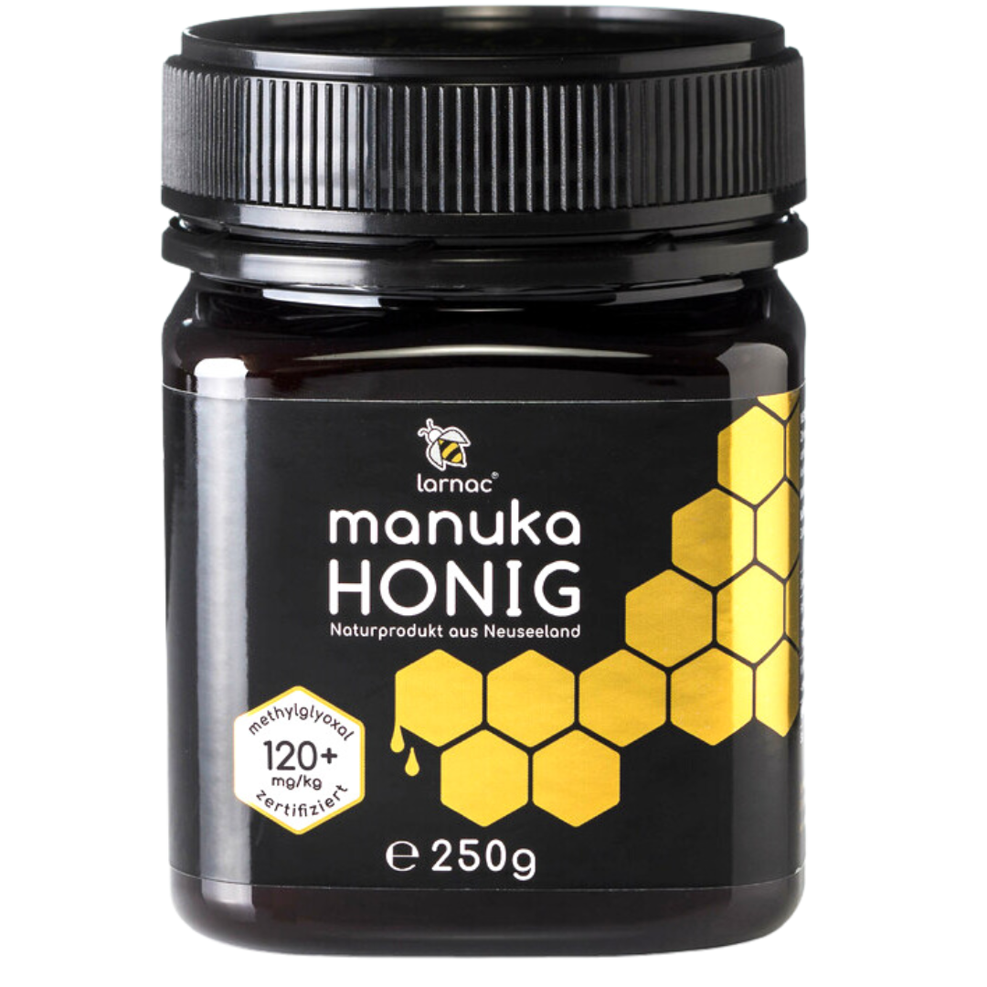 Ein Glas Larnac Manuka Honig MGO 120+ mit einem schwarzen Deckel. Das Etikett zeigt das Larnac-Logo, die Aufschrift "Manuka Honig", "Naturprodukt aus Neuseeland", und "methylglyoxal 120+ mg/kg zertifiziert", sowie eine goldene Wabenstruktur. Der Honig hat einen moderaten MGO-Gehalt, der für seine antibakteriellen Eigenschaften bekannt ist und zur Unterstützung des allgemeinen Wohlbefindens genutzt wird. Inhalt: 250 g.