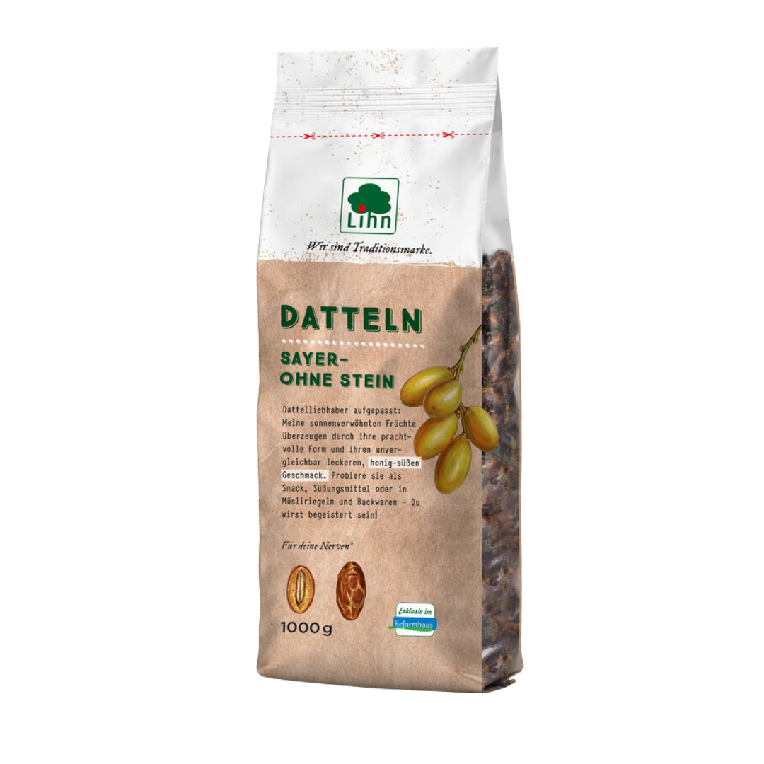 Lihn Datteln Sayer ohne Stein 1000 g – naturbelassene Datteln ohne Stein, ideal als Snack oder Zutat für Riegel, Gebäck und Müsli