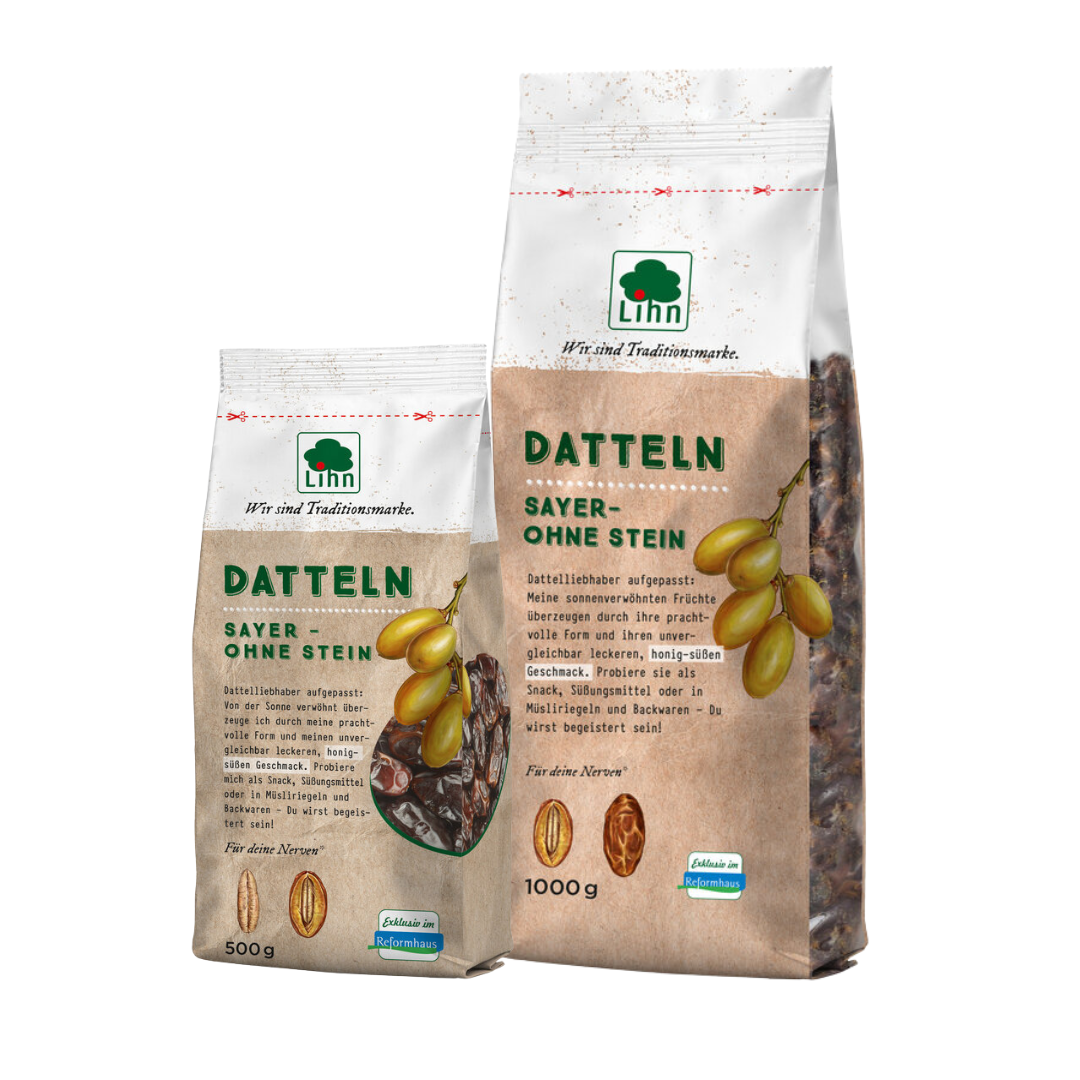 Packshot der Lihn Datteln Sayer ohne Stein in 500 g und 1000 g – sonnenverwöhnte, entsteinte Datteln für vielseitigen Genuss im Reformhaus