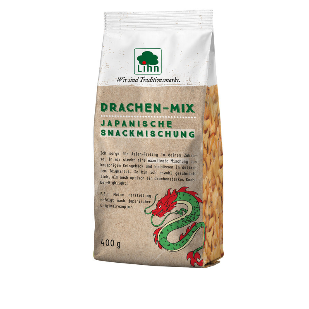 Frontansicht Lihn Drachen-Mix 400 g – japanische Snackmischung aus Reiskräckern und Erdnüssen im Teigmantel, hergestellt nach Originalrezeptur