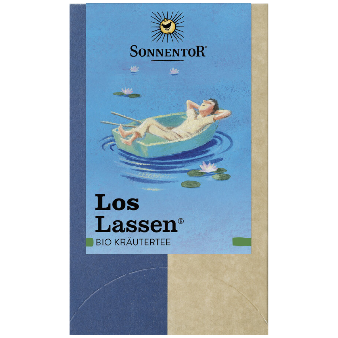 Sonnentor Loslassen Bio Kräutertee – wohltuender Kräutertee in Teebeuteln, Verpackung mit entspannendem Boots-Motiv
