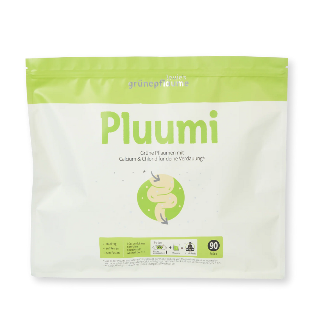 Pluumi Verdauung 90 Stück Großpackung - Grüne Pflaumen mit Calcium und Chlorid Supplement