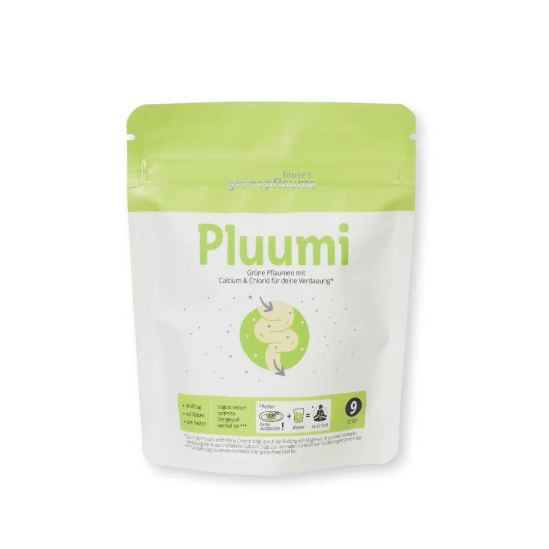 Pluumi Grüne Pflaumen 9 Stück - Nahrungsergänzungsmittel mit Calcium und Chlorid für Verdauung