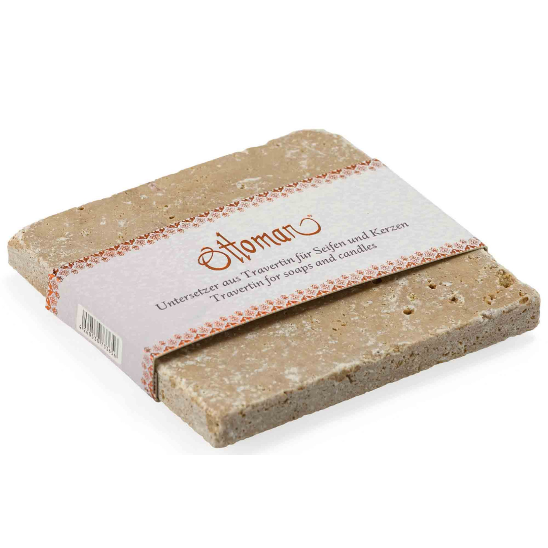 Ottoman Aleppo Seife auf Travertin-Seifenuntersetzer – nachhaltige Aufbewahrung für Naturseifen.