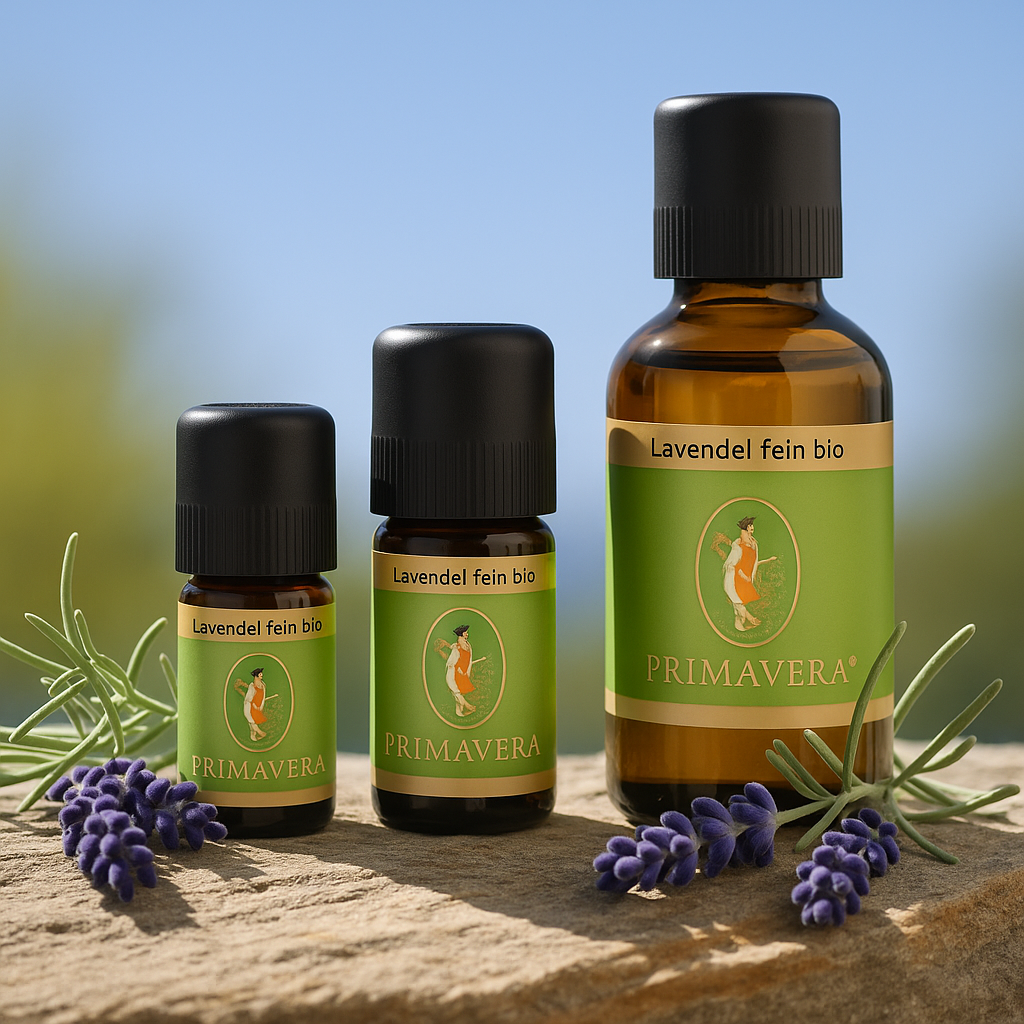 Moodbild mit drei Größen des Primavera Lavendel fein bio ätherischen Öls – 5 ml, 10 ml und 50 ml – auf Naturstein mit Lavendelblüten im Freien.