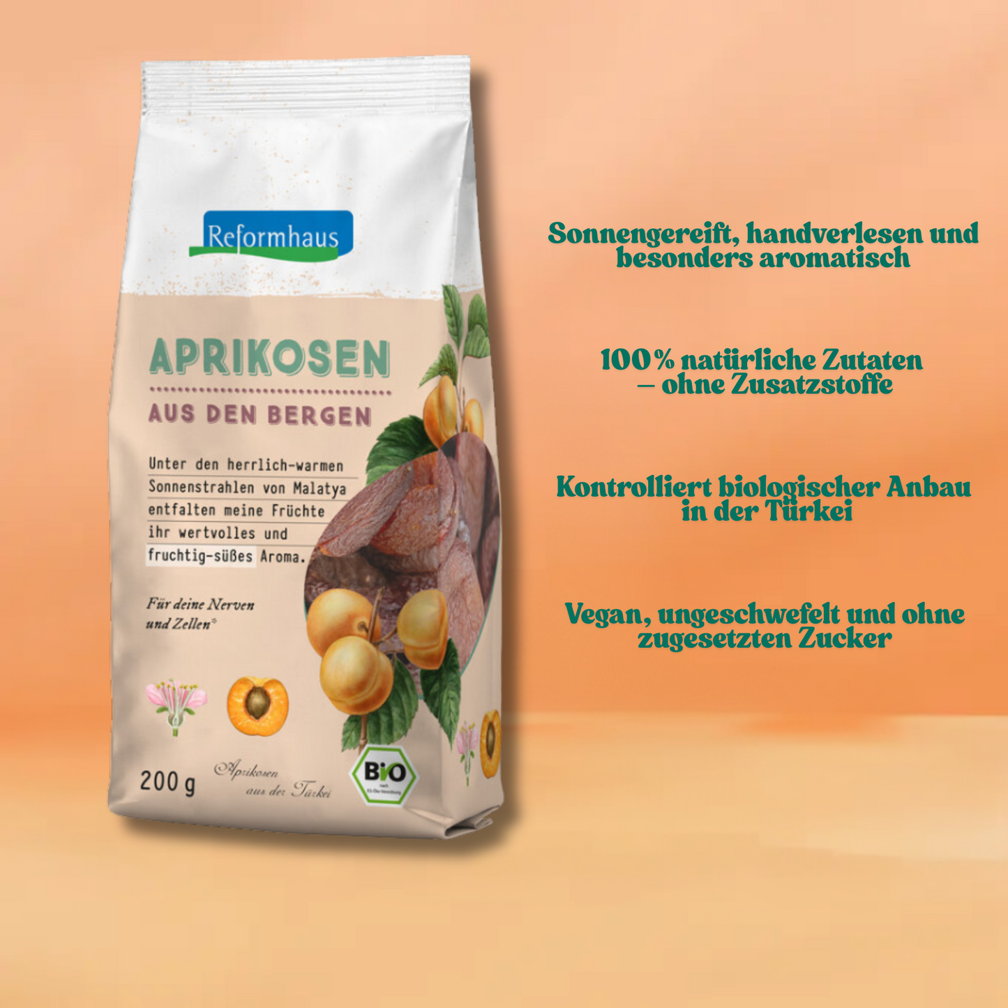 Reformhaus Bio-Aprikosen aus der Türkei 200 g – vegan, ohne Zuckerzusatz, ungeschwefelt, 100 % natürliche Zutaten, handverlesen und sonnengetrocknet