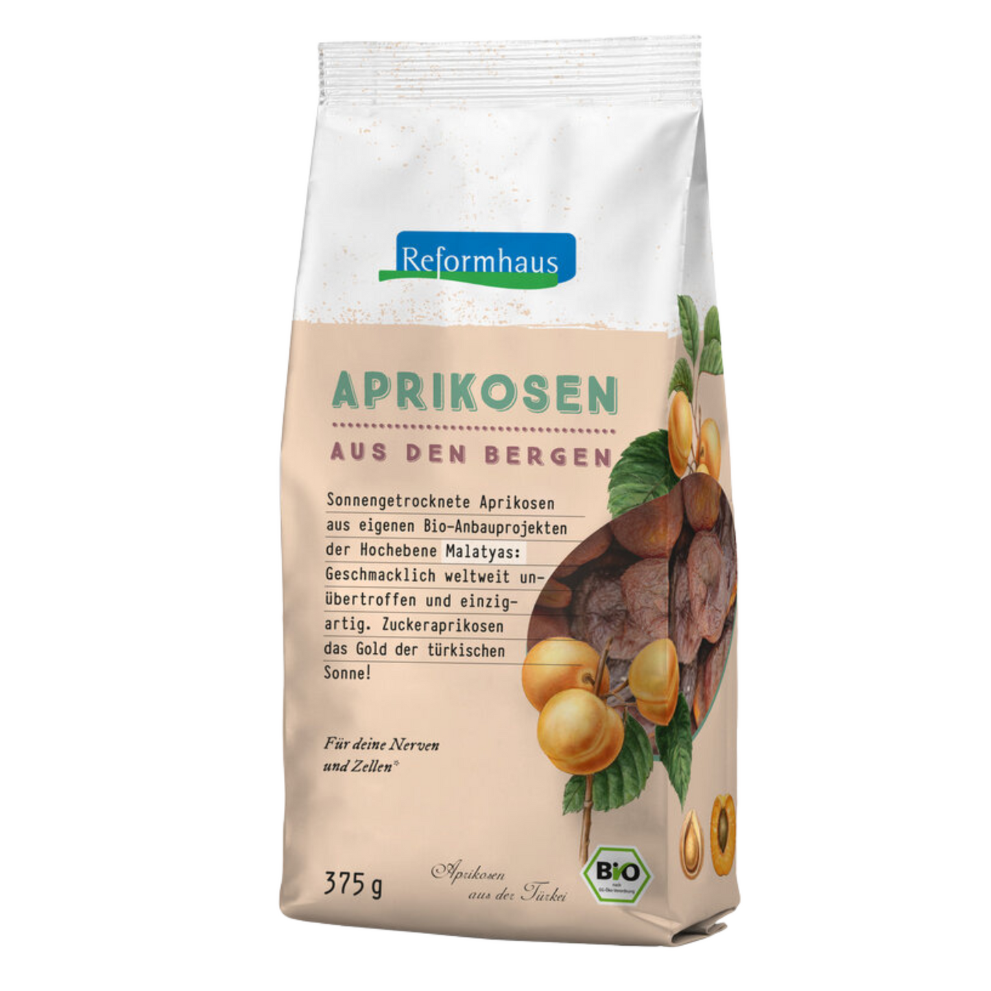 Reformhaus Bio-Aprikosen 375 g aus den Bergen – sonnengetrocknete Zuckeraprikosen aus der Hochebene von Malatya, naturbelassen, vegan, ungeschwefelt, aus eigenem Bio-Anbauprojekt in der Türkei