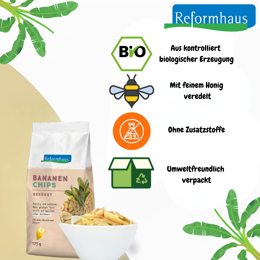 USP-Grafik der Reformhaus Bio Bananen Chips: aus biologischem Anbau, mit Honig veredelt, ohne Zusatzstoffe, umweltfreundlich verpackt