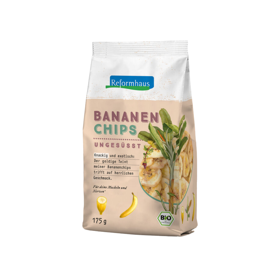 Reformhaus Bananen Chips ungesüßt Bio 175 g – freigestelltes Produktbild der Knabberei im Papierbeutel