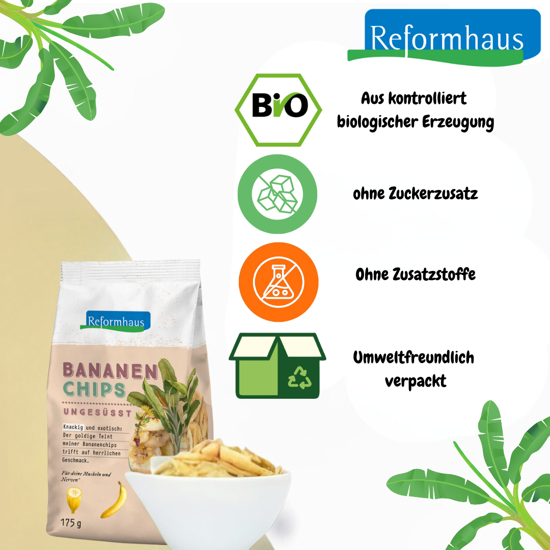 Reformhaus Bananen Chips ungesüßt Bio mit USPs: ohne Zuckerzusatz, ohne Zusatzstoffe, biologisch, umweltfreundlich verpackt